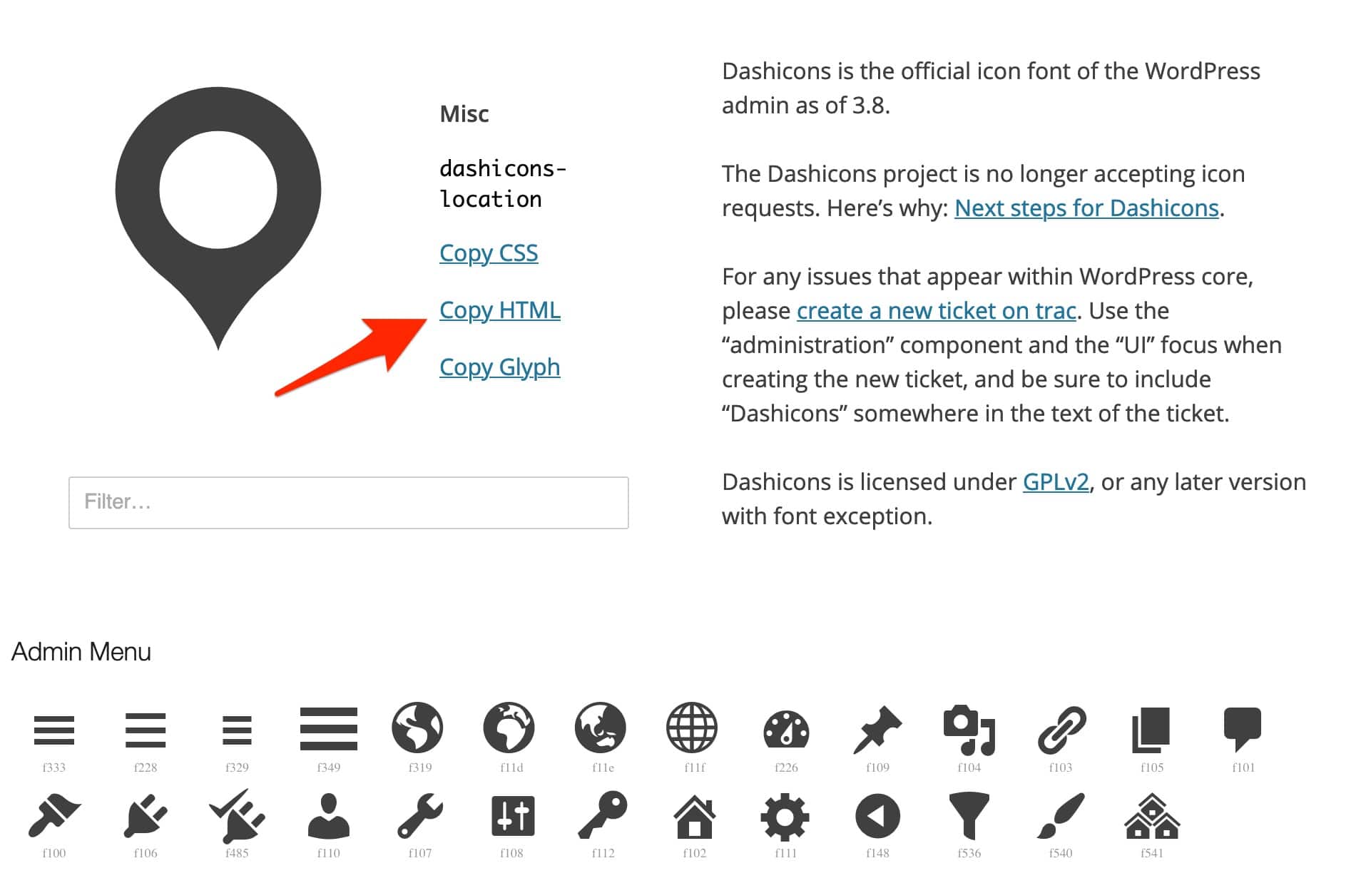 Les Dashicons proposent du code HTML pour être intégrées en page.