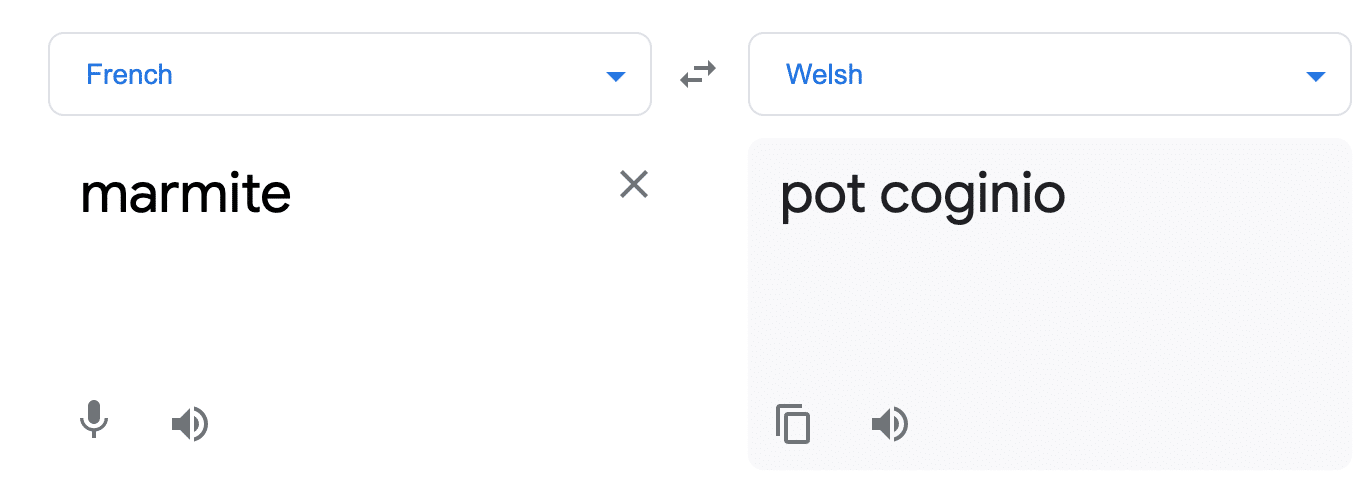 Translation of "marmite" from French into Welsh on Google Translate.