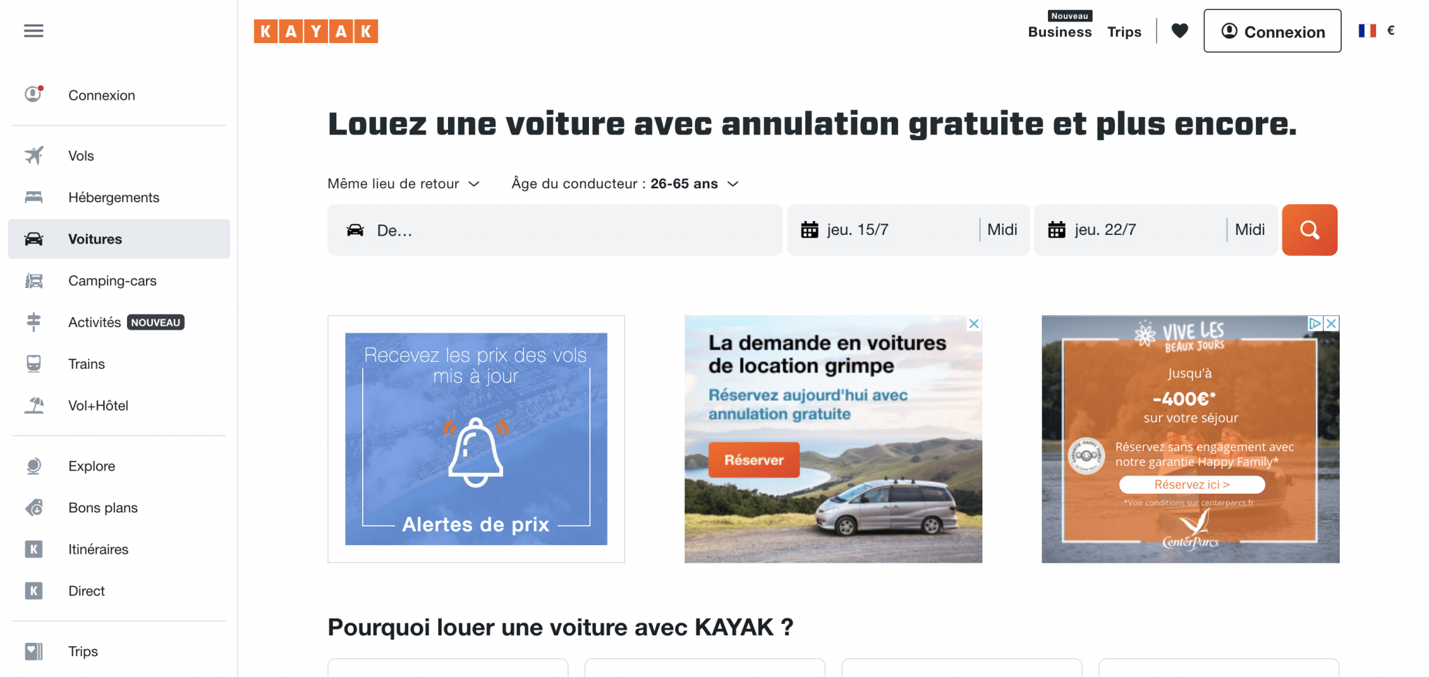 La page d'accueil du site Kayak, qui possède un bon nom de domaine.