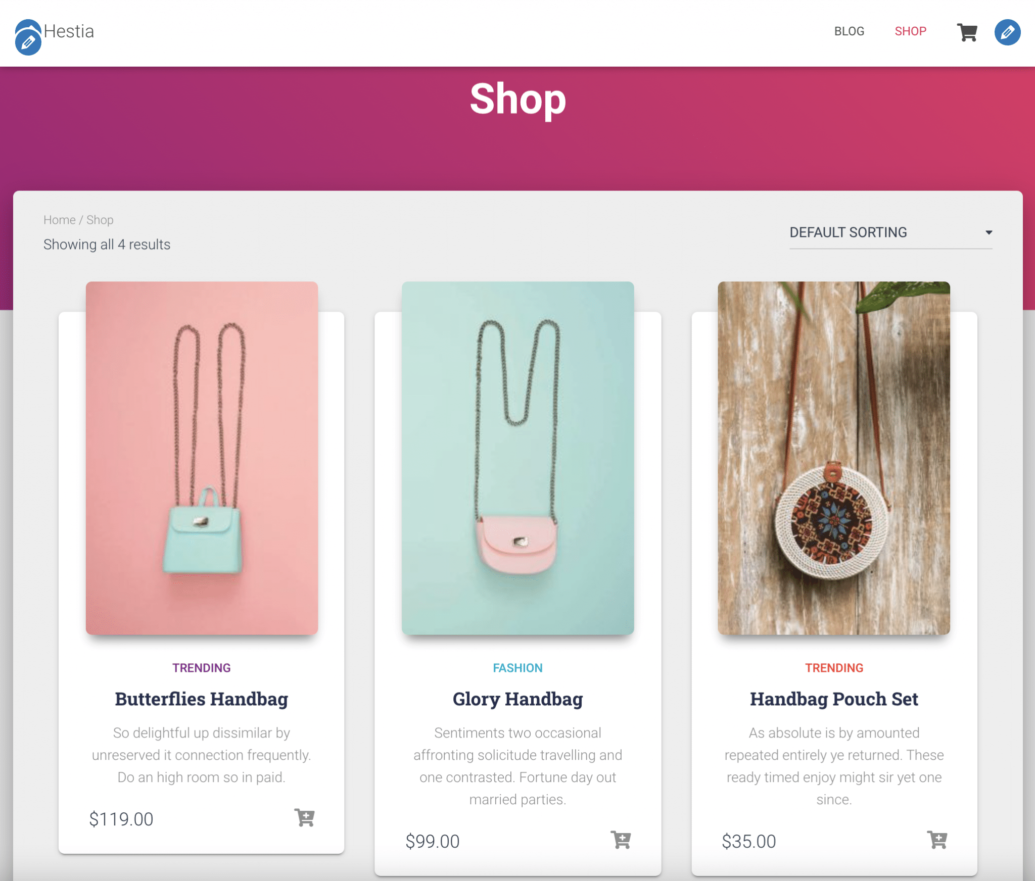 WooCommerce integration with the Hestia WordPress theme displaying the cart icon in the top menu.