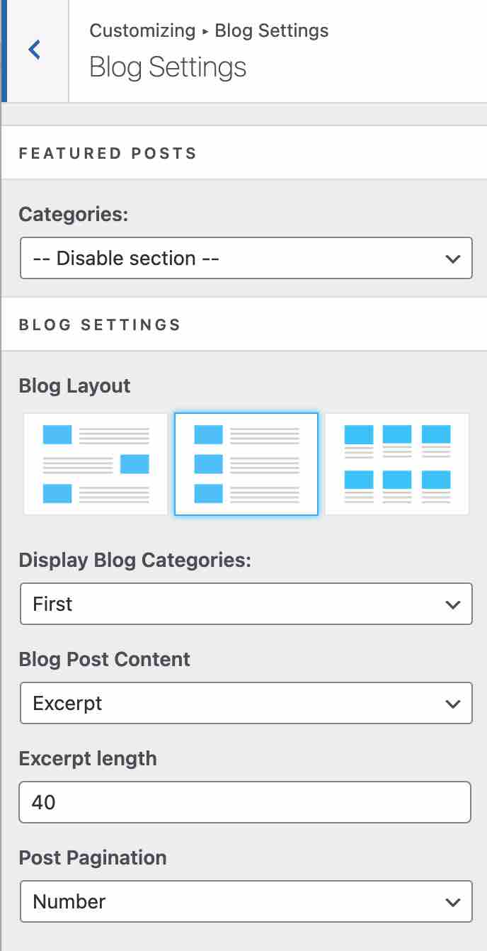 Blog settings of the Hestia WordPress theme.