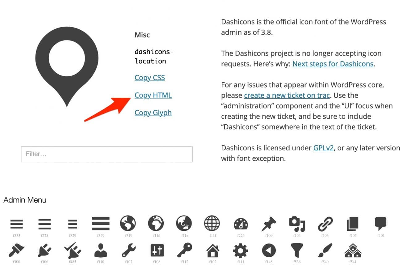 Dashicons offer HTML code to be integrated into a page on WordPress.