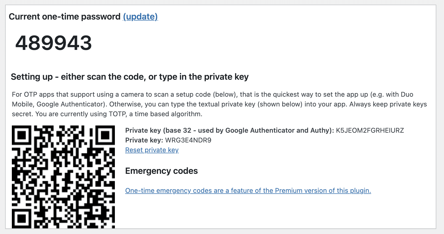 The QR code generated by Two Factor Authentication.