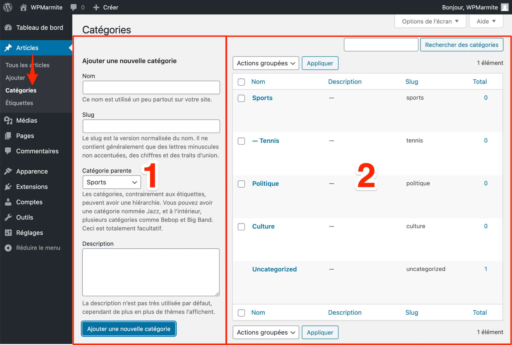 Page de gestion des catégories dans l’administration de WordPress.