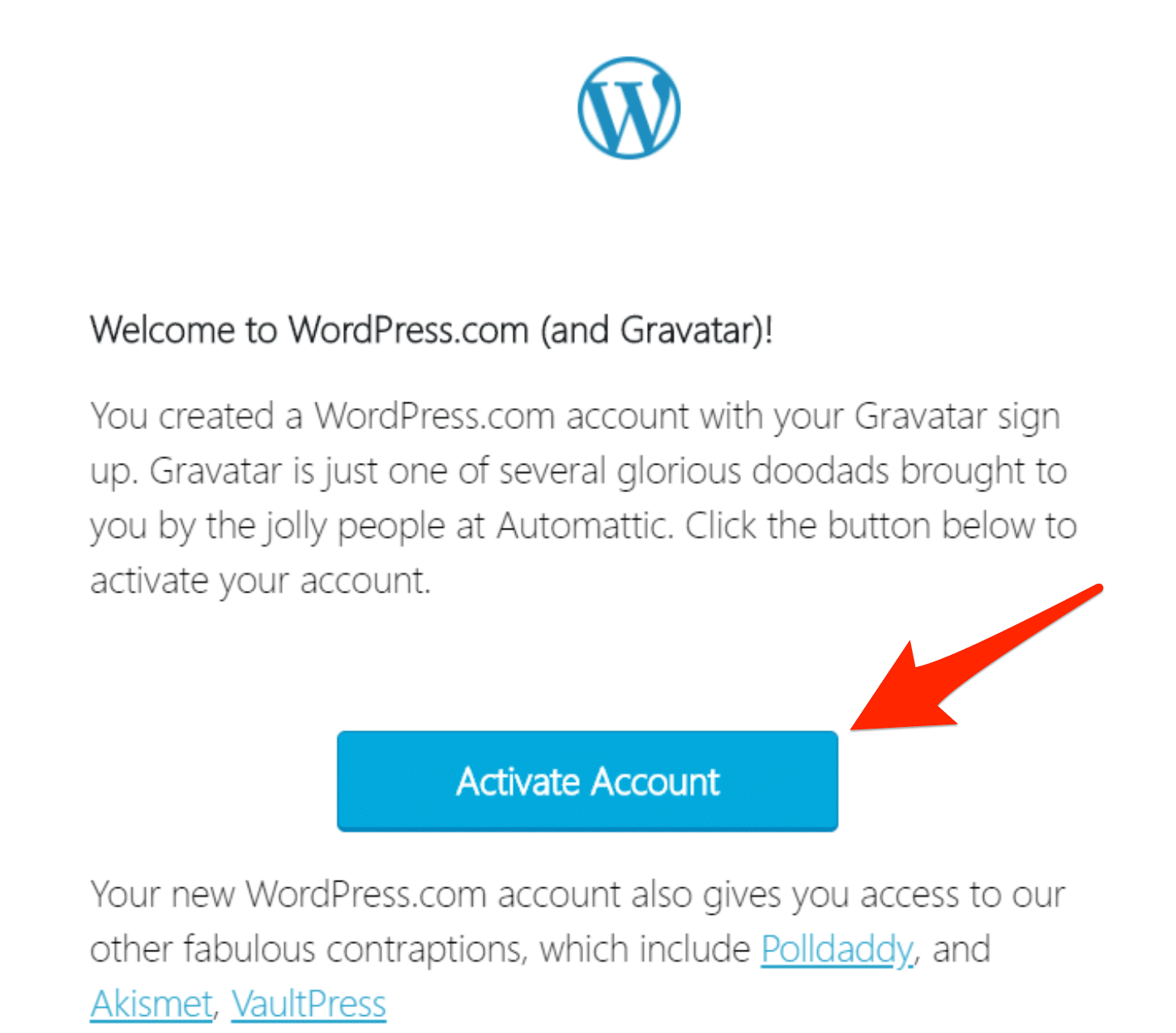 Button to activate WordPress.com and Gravatar account.