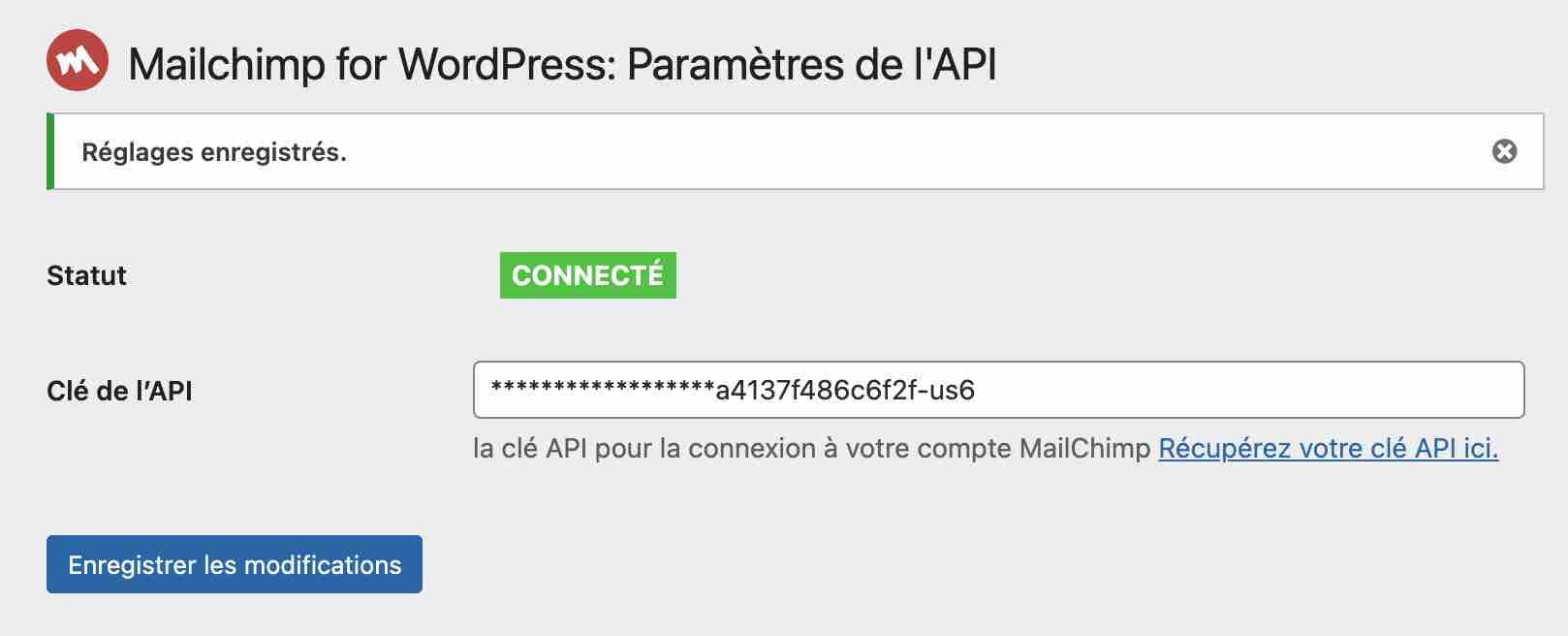 Activation de la clé API de Mailchimp sur le back office WordPress.