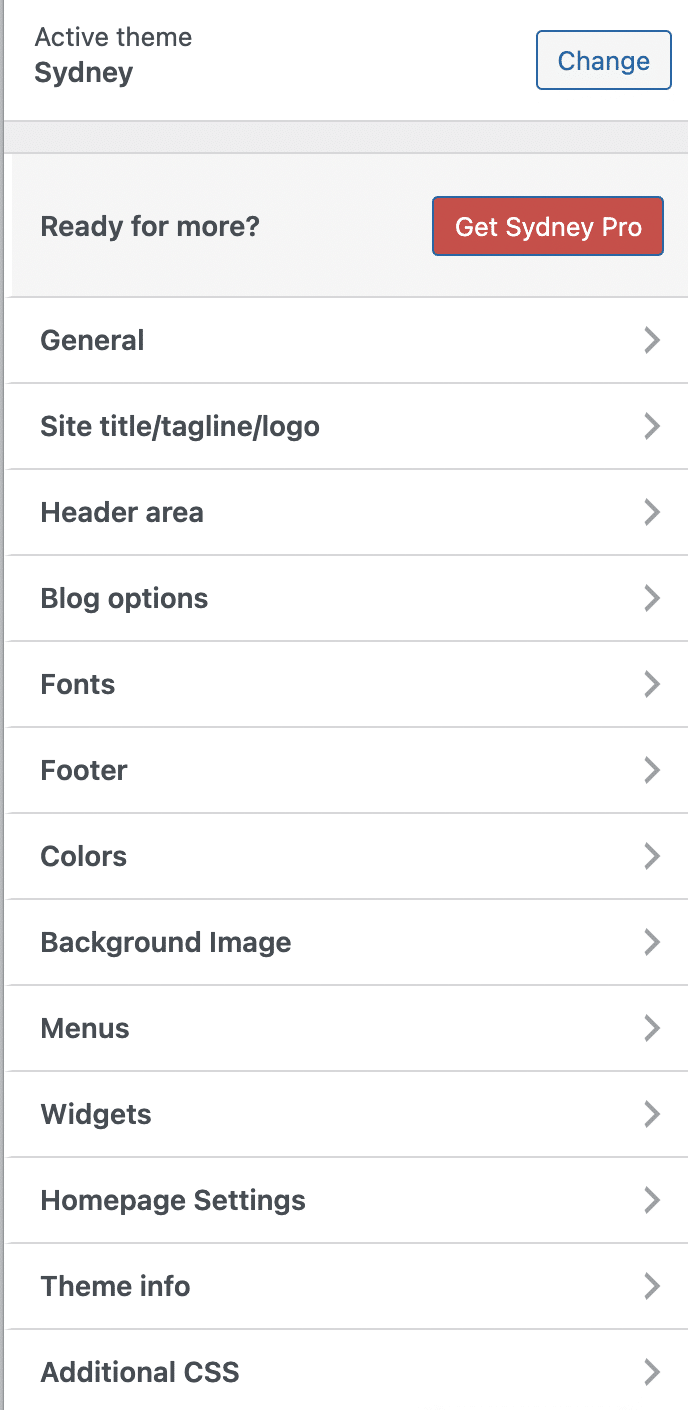 Sydney's settings on the WordPress Customization Tool.