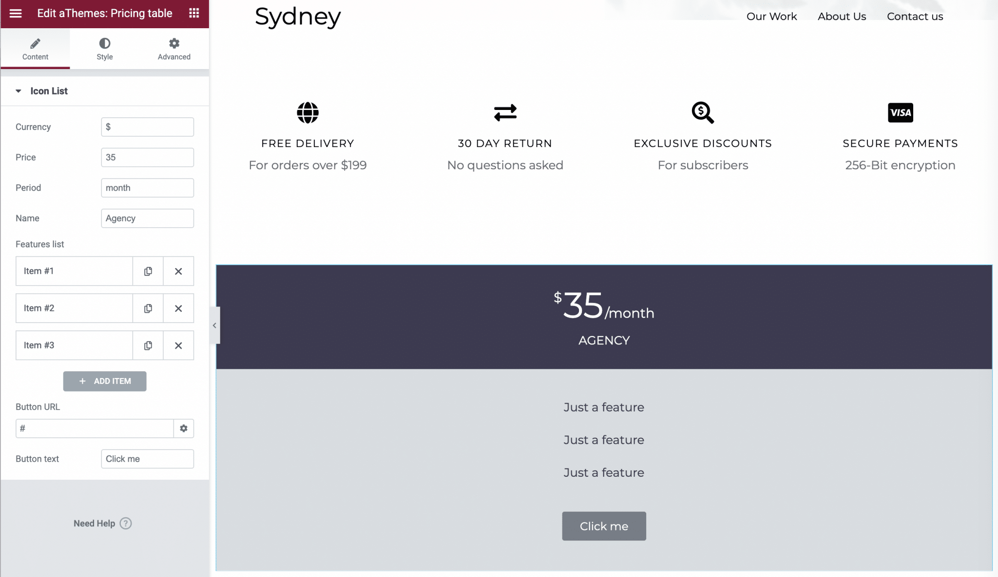 Pricing table element on Elementor for Sydney theme.