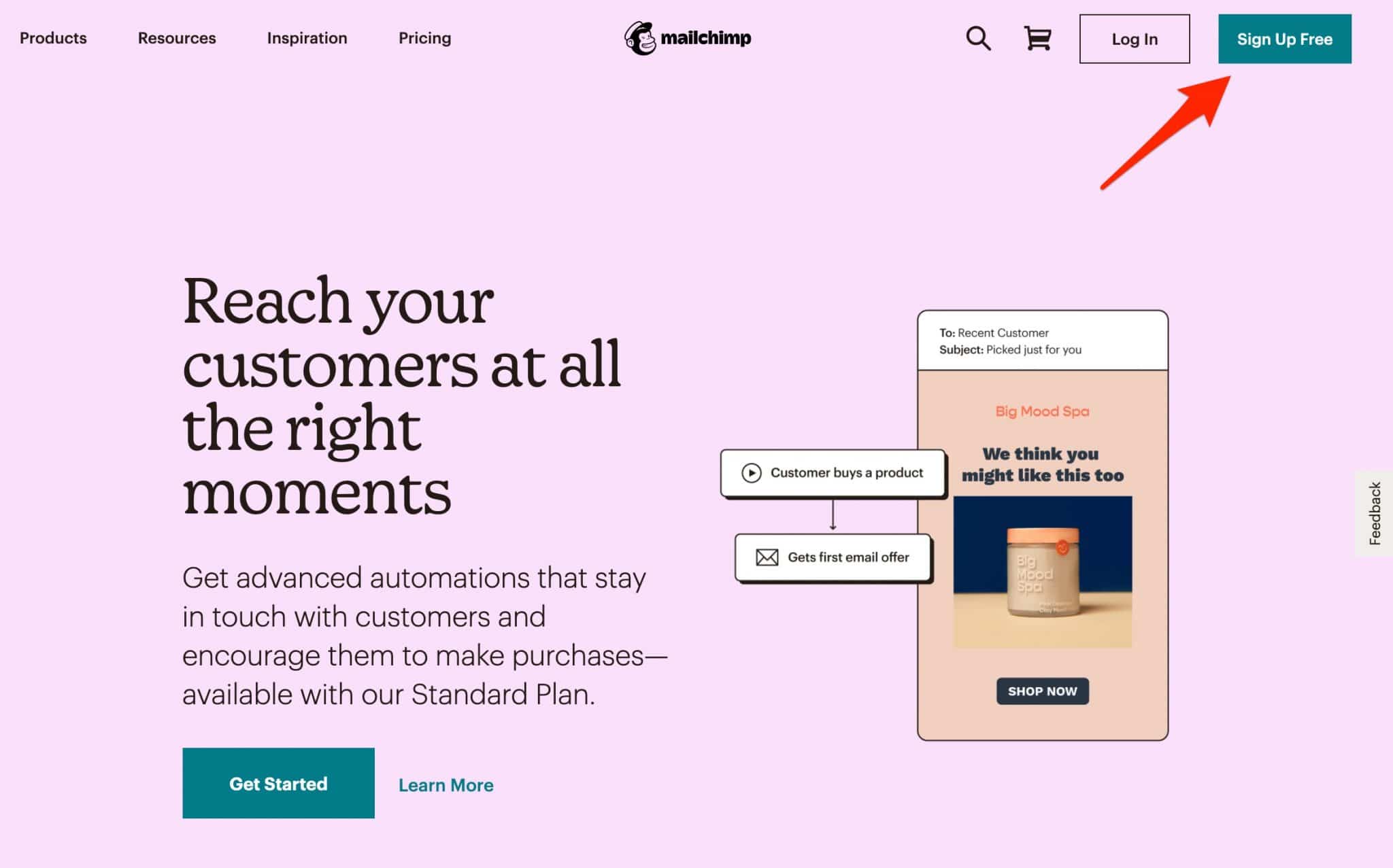 Sign Up Free button on Mailchimp's website.