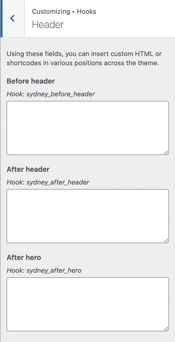 Header hooks for Sydney WordPress theme.
