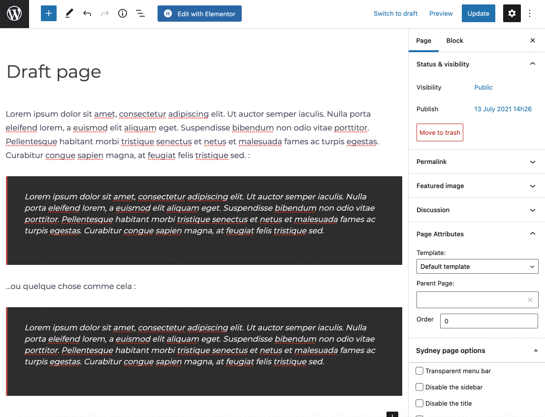 Page attributes with the Sydney theme on WordPress.