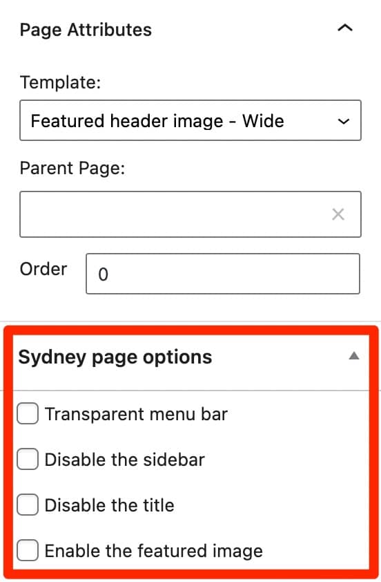 Sydney theme page options on WordPress.