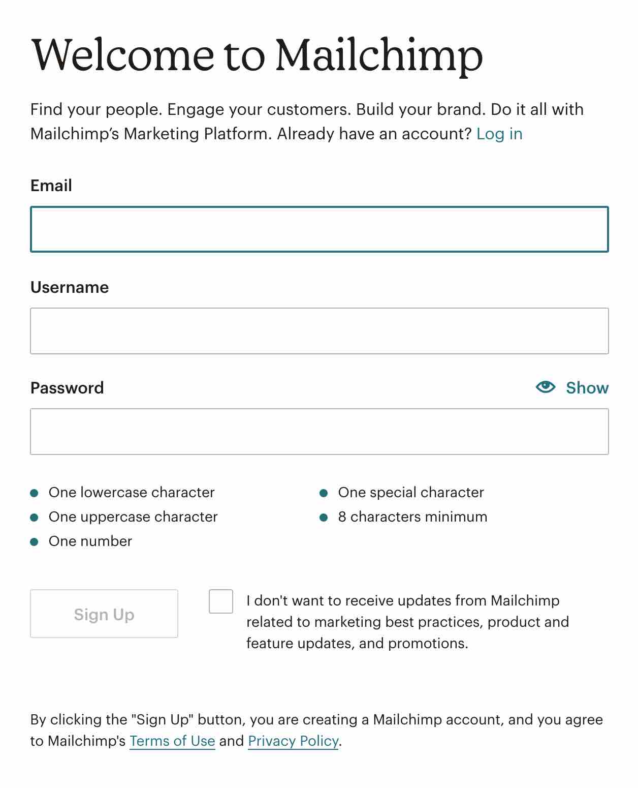 Account creation with Mailchimp's welcome form.
