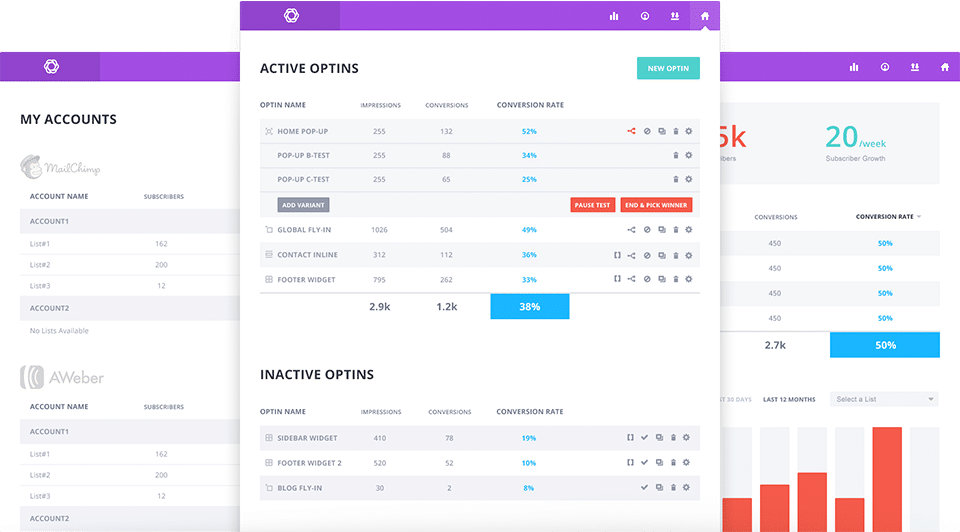 Bloom's dashboard with optins.