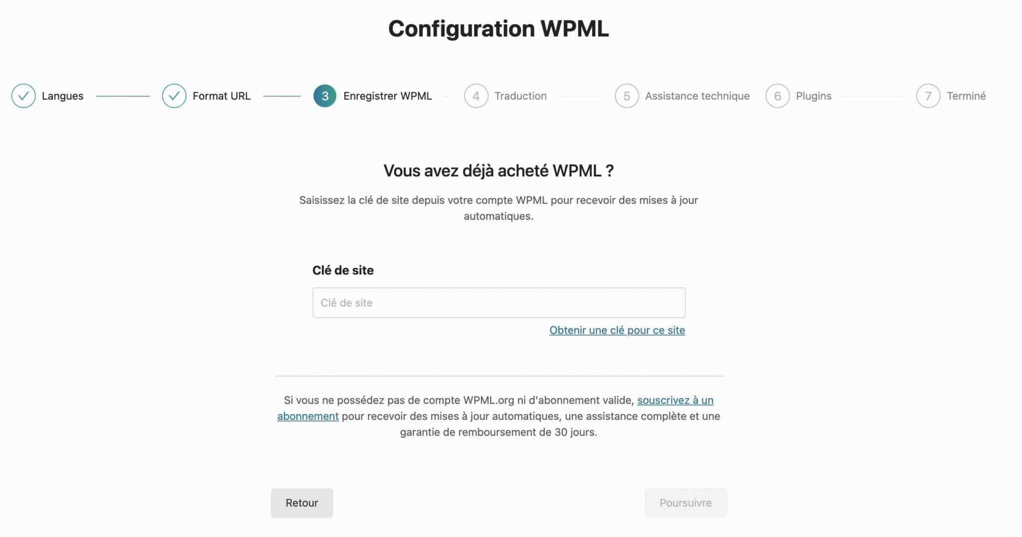 Enregistrement de la clé de site WPML.