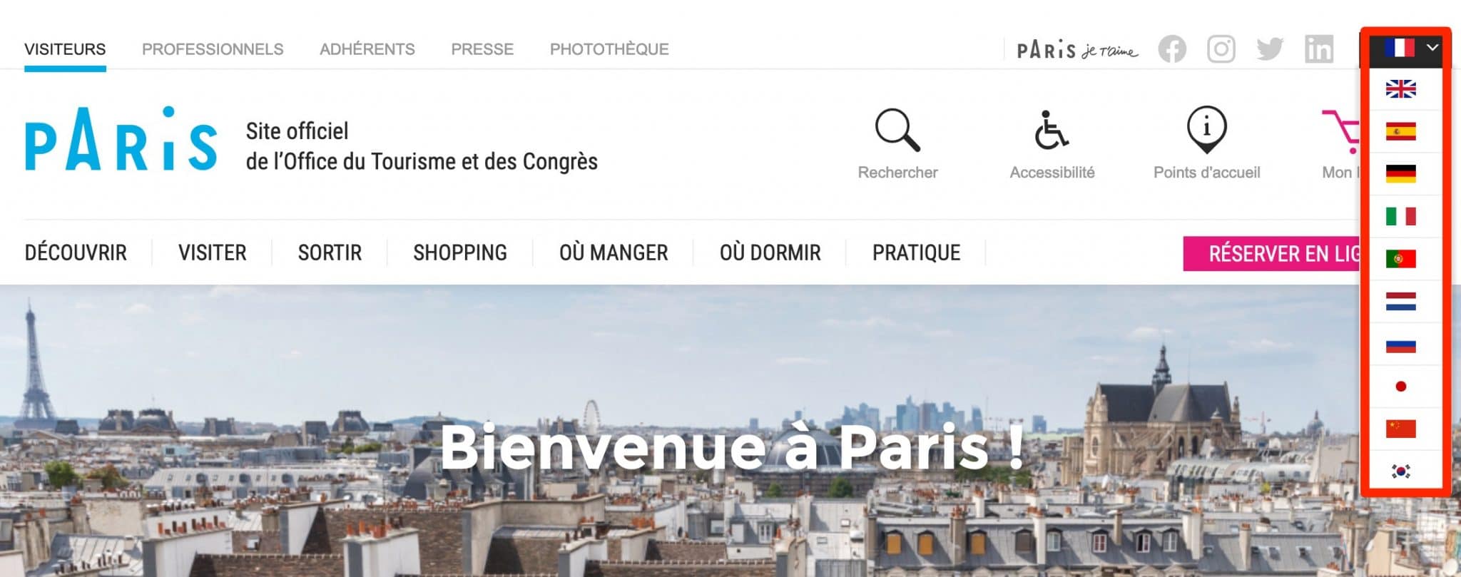 Le site de l’office du tourisme de Paris utilise par exemple un commutateur de langue.