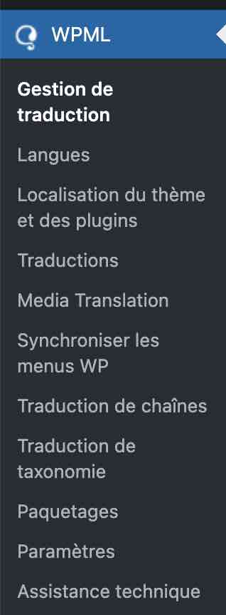 Le menu de réglages de WPML.