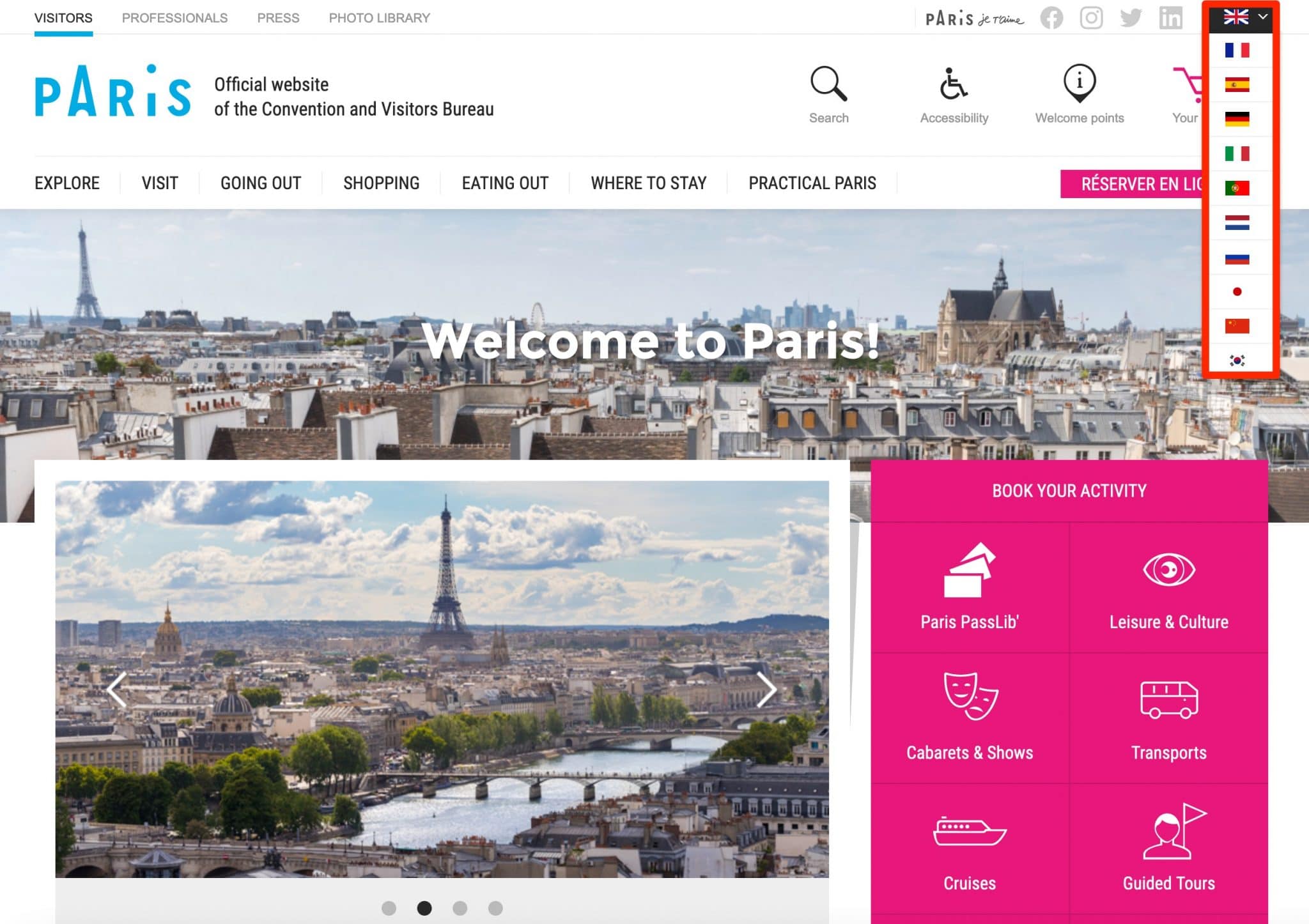 The website of the Paris Tourist Office uses a language switch.