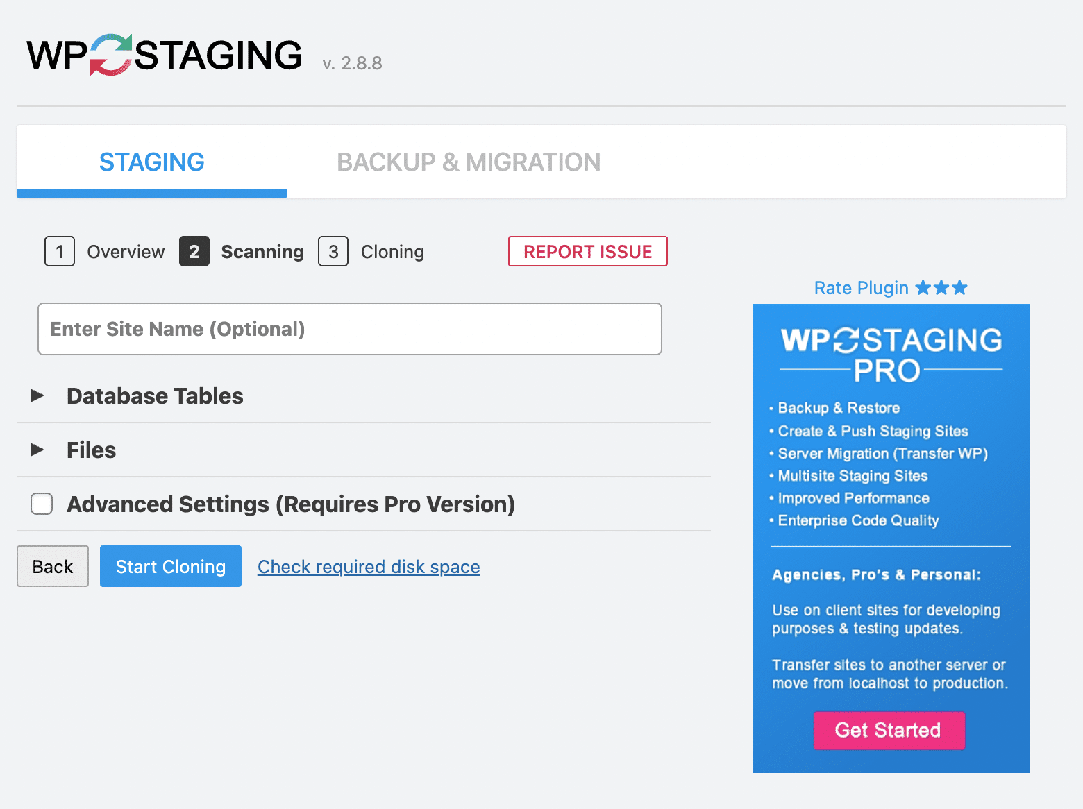 Cloning of a WordPress site with WP Staging.