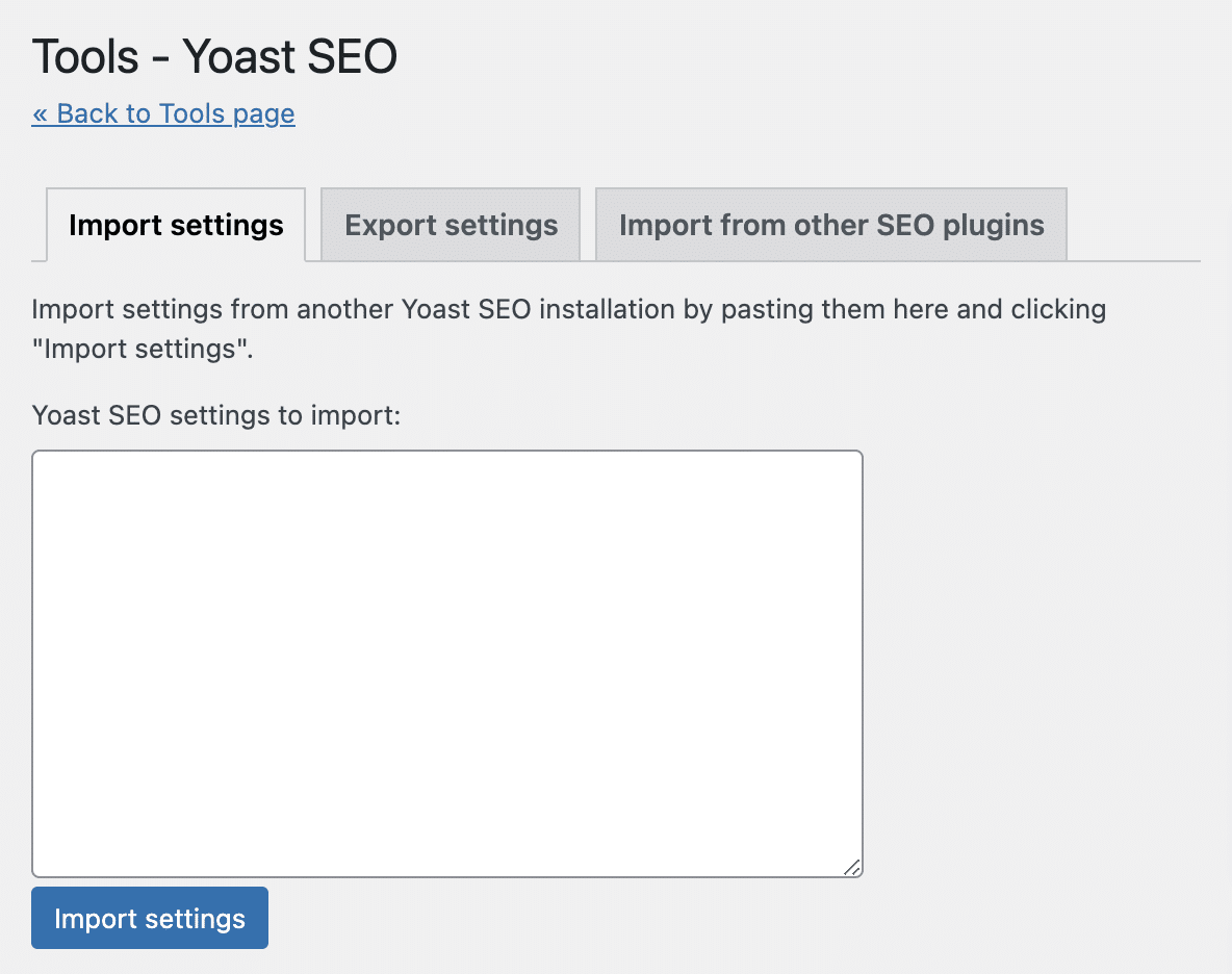 Import settings, export settings, and import from other SEO plugins in the Tools of Yoast SEO.