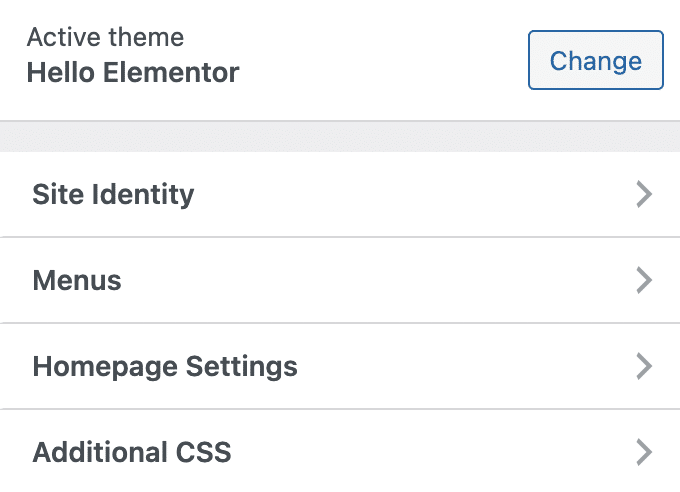 Hello Elementor theme settings in the WordPress customizer.