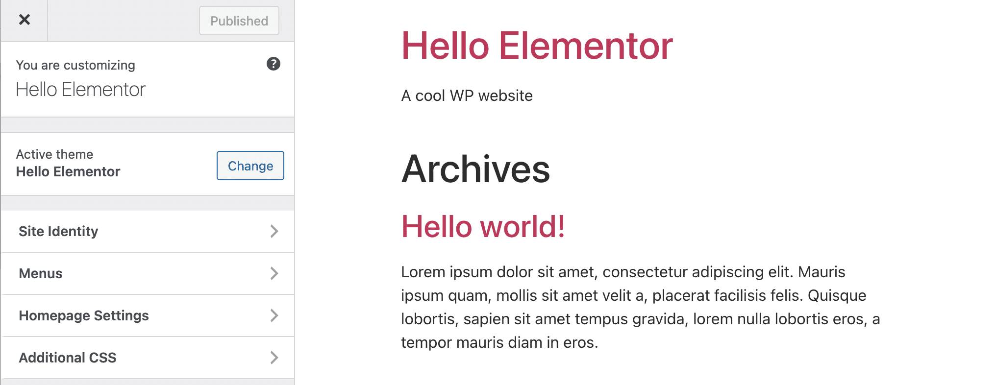 Hello Elementor theme front-end preview.