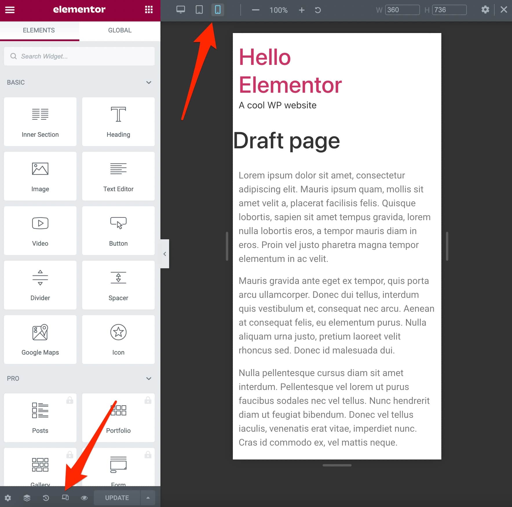 Responsive test of the Hello Elementor theme from the Elementor interface.