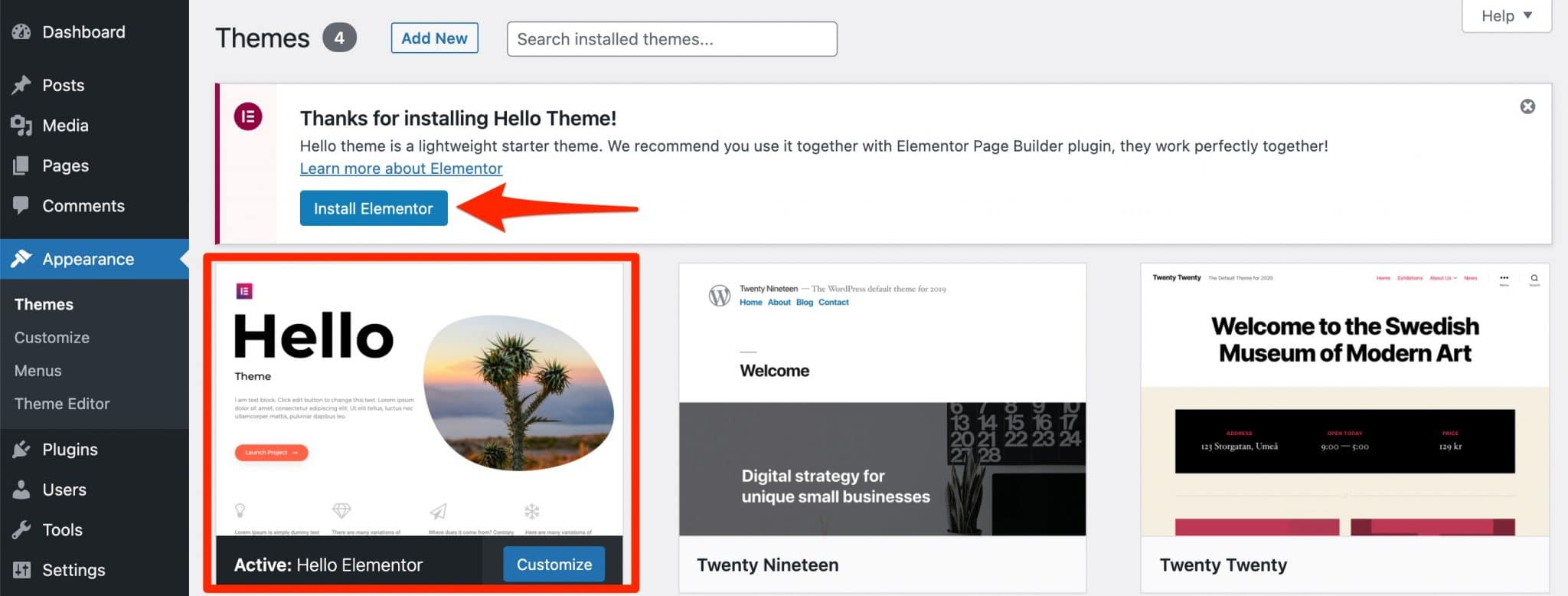 Activation of the Hello Elementor theme followed by the recommendation to install the Elementor page builder.