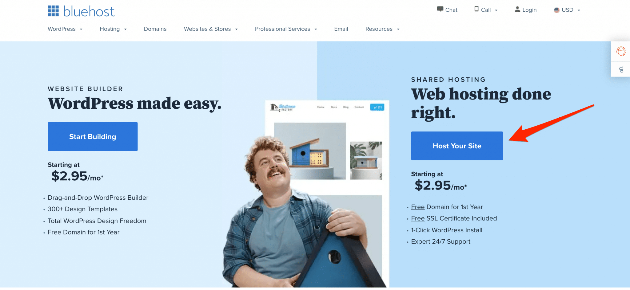 Bluehost homepage with the "Host your site" button to install WordPress in one click.