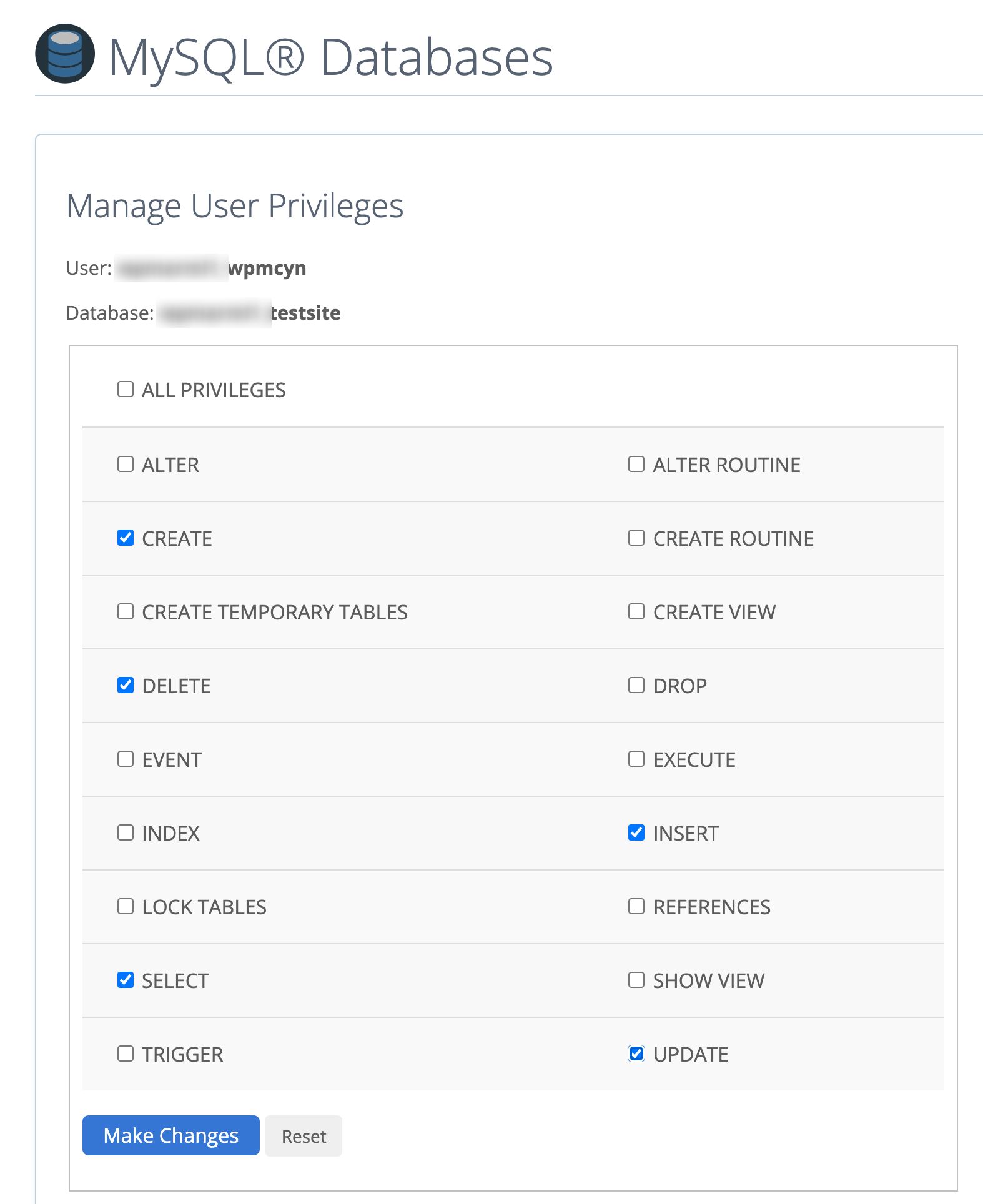 Manage user privileges for the database on the cPanel.