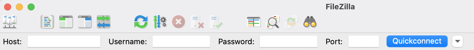 FileZilla menu: host, username, password, port.