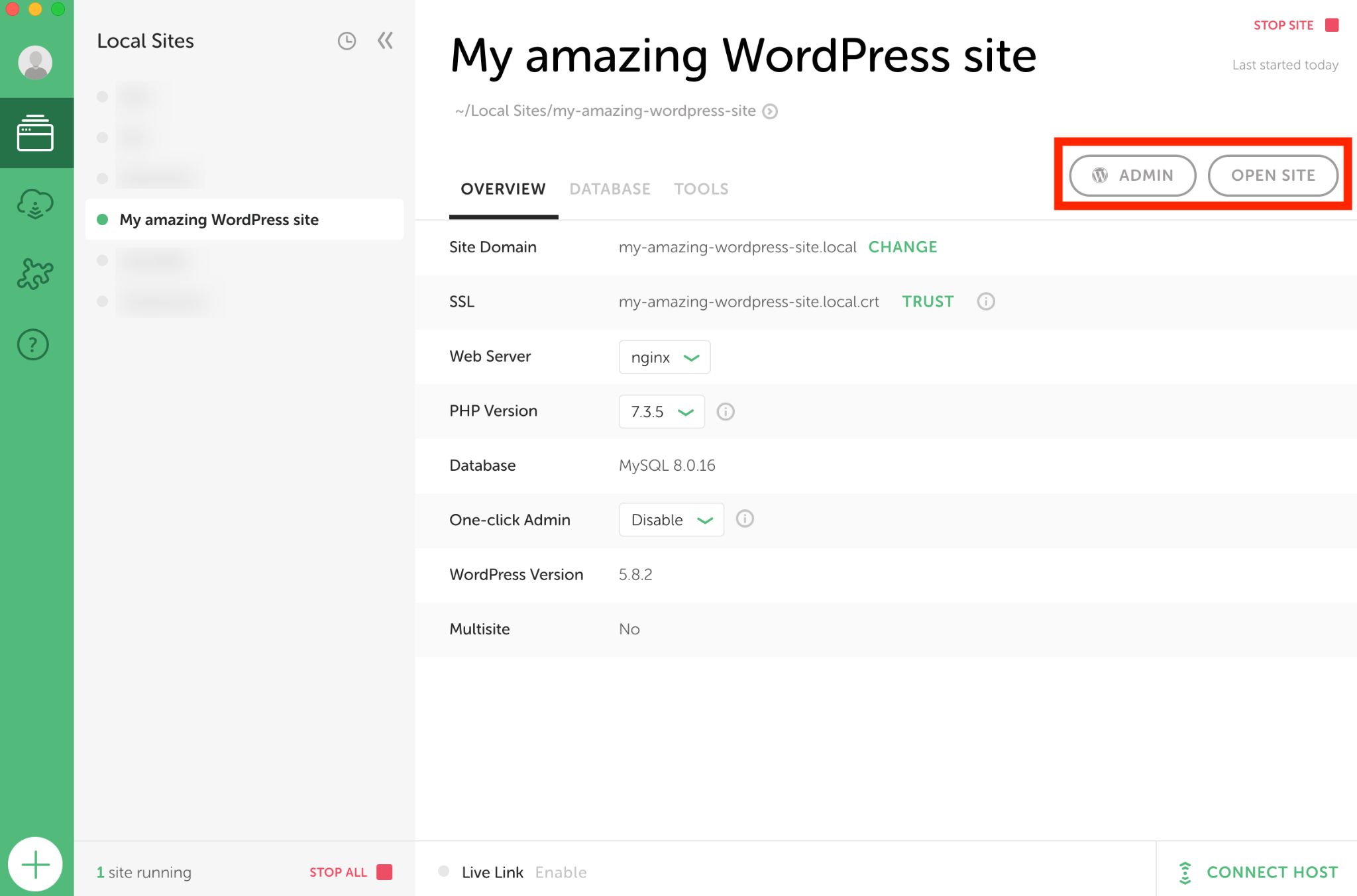 Connection to the admin of the WordPress site created with Local.