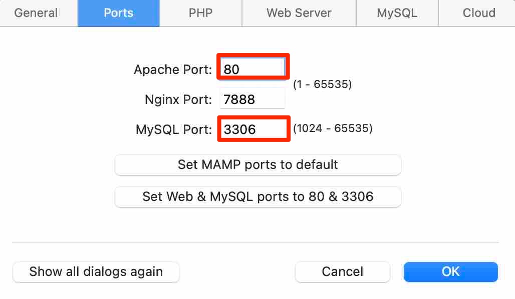 MAMP settings with the Apache Port and MySQL Port.