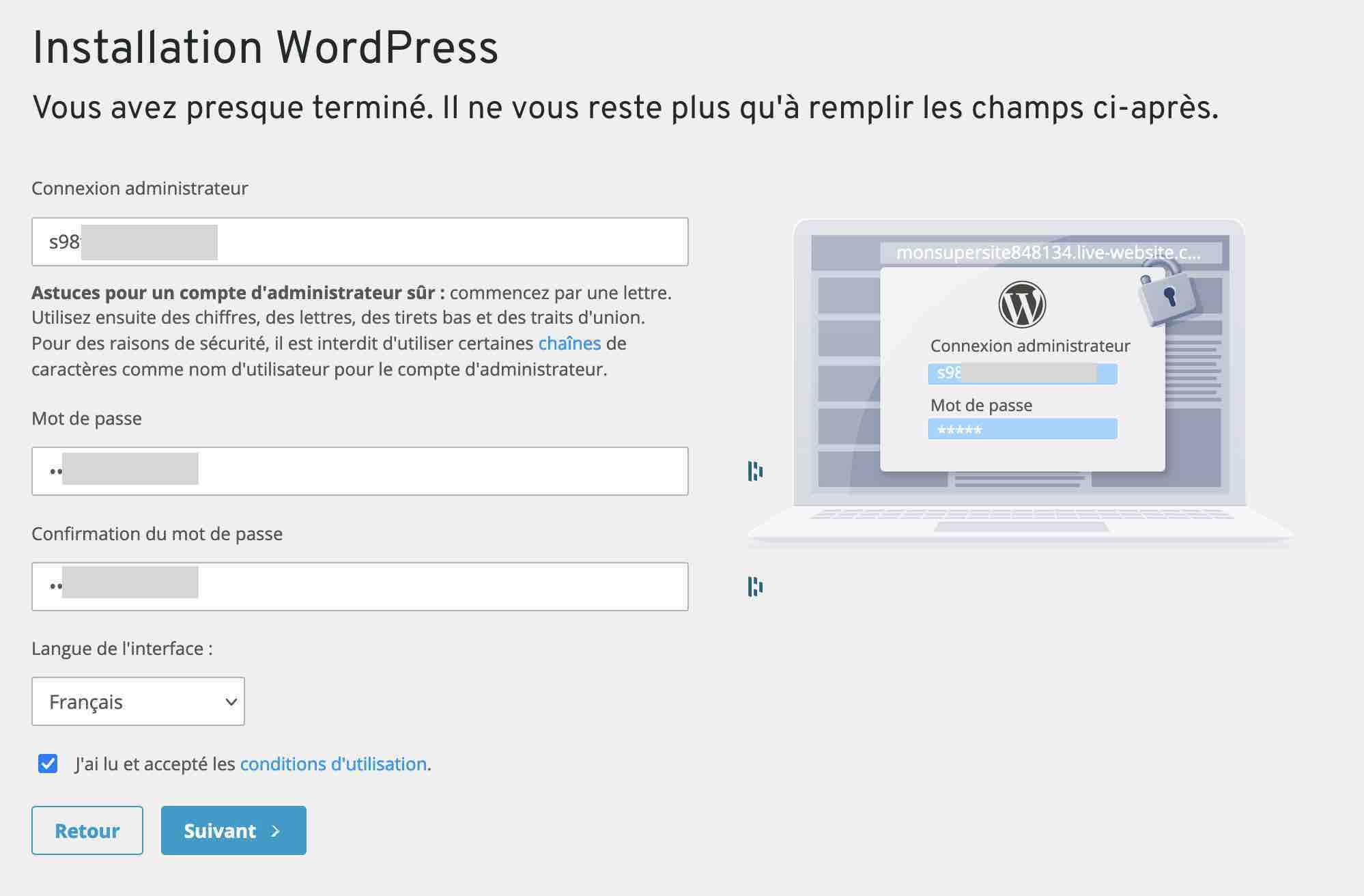 Champs d'installation de WordPress chez IONOS.