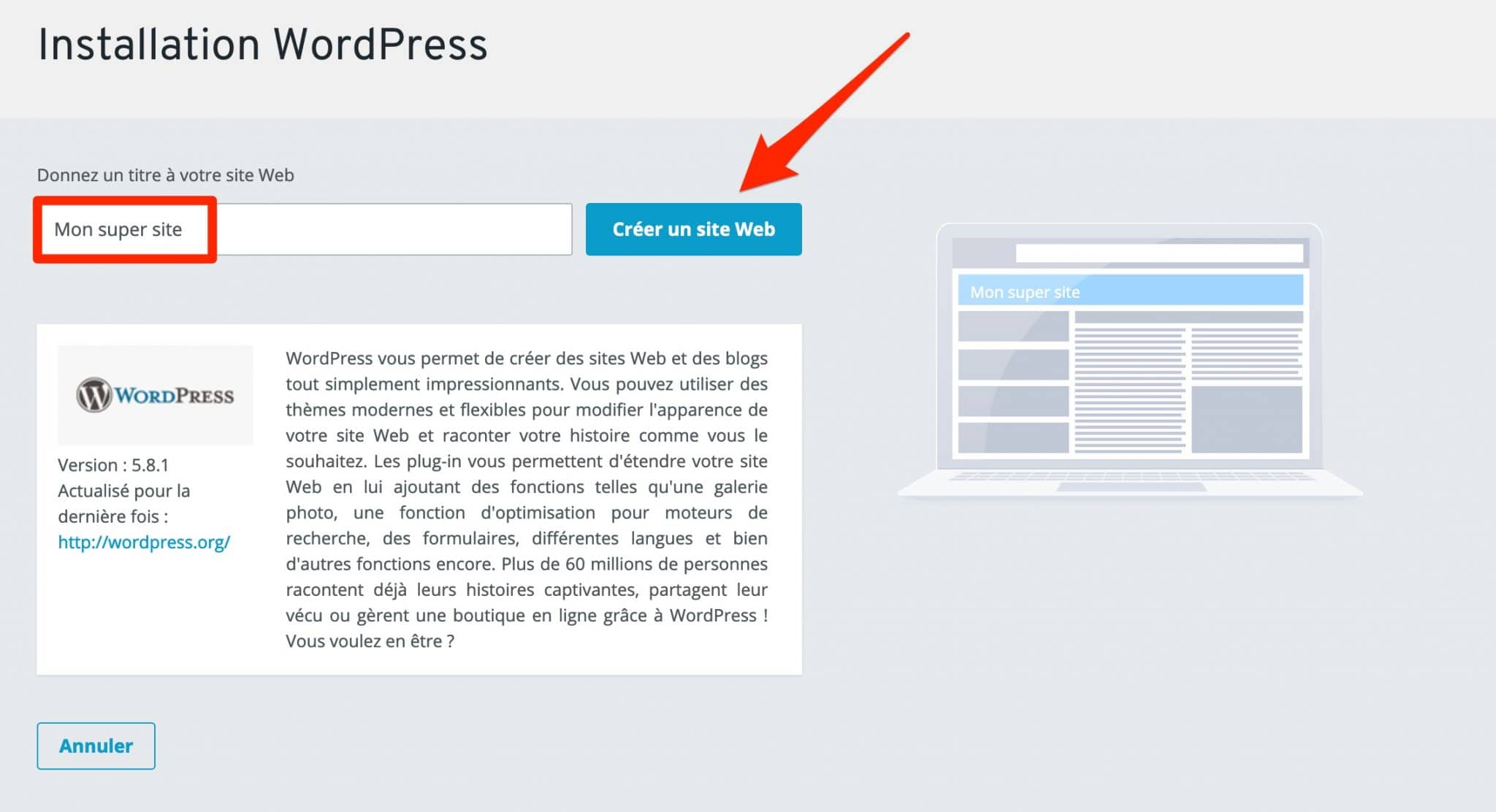 Titre d'un site web lors de l'installation de WordPress chez IONOS.
