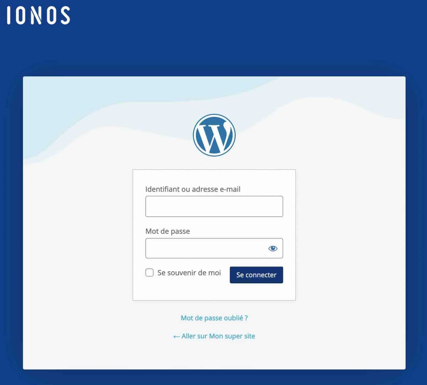 La page de connexion à WordPress proposée par IONOS.