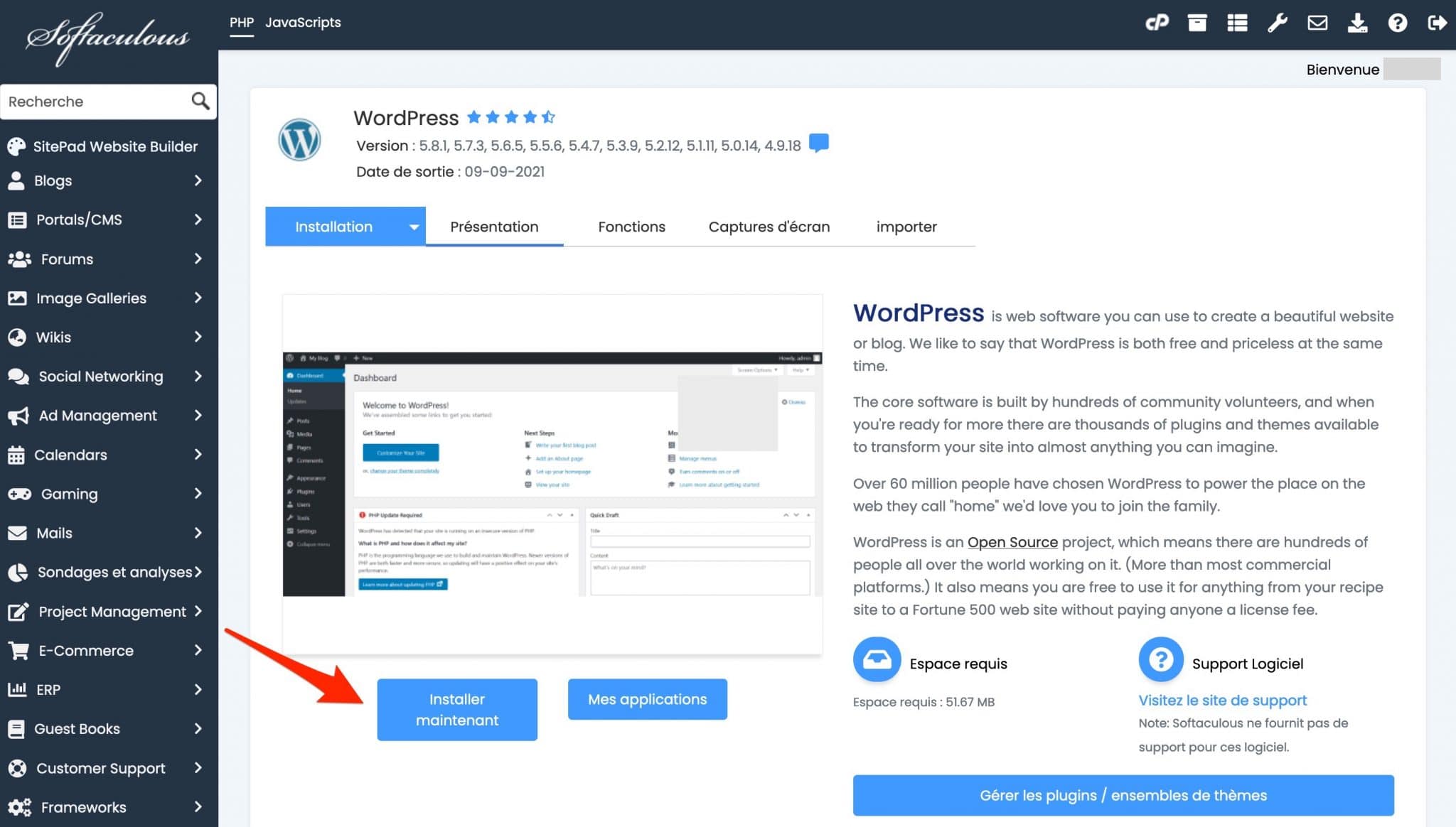Comment installer WordPress avec Softaculous.
