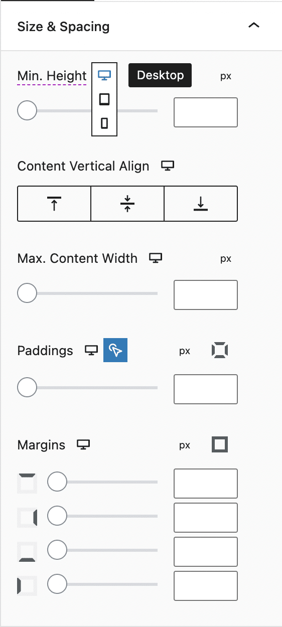 Size & Spacing settings on the WordPress Stackable plugin.