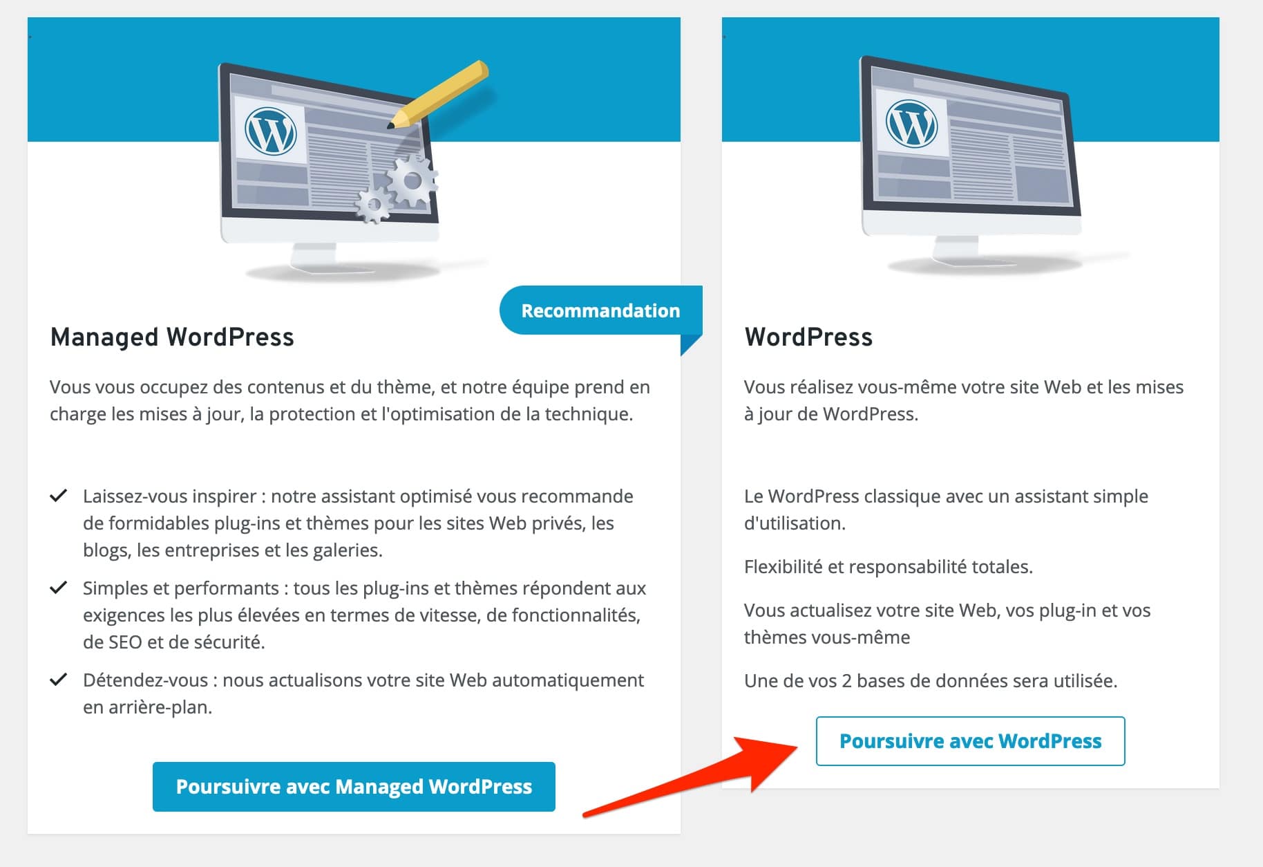 Les types d'installation WordPress proposés par IONOS.