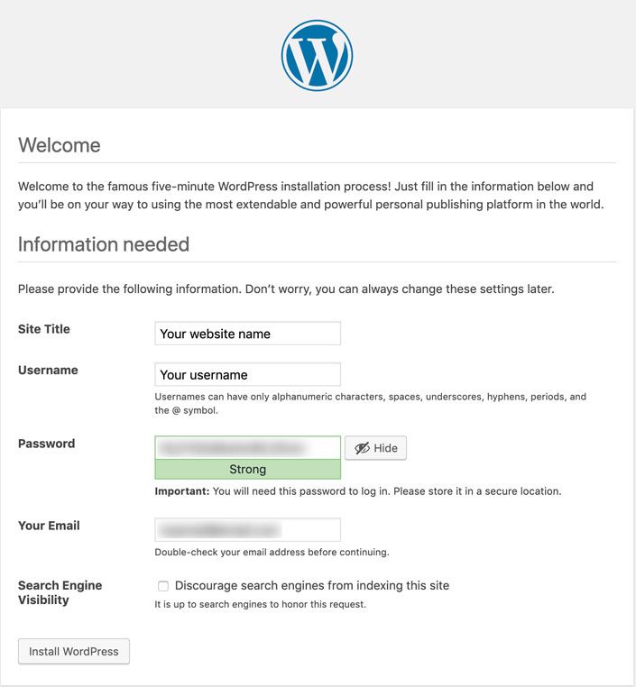 Information needed to install WordPress.
