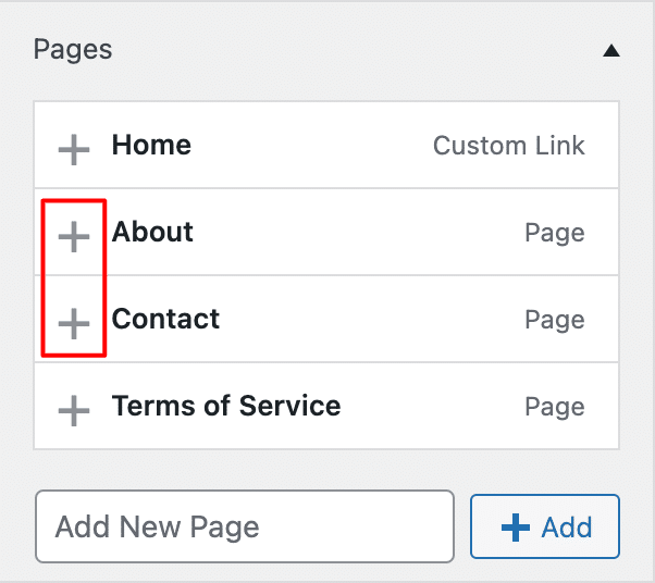Use the "+" icon to add a page to a WordPress menu