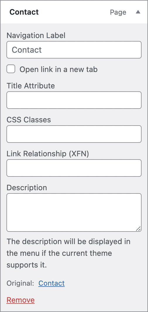 Advanced options of a WordPress menu.