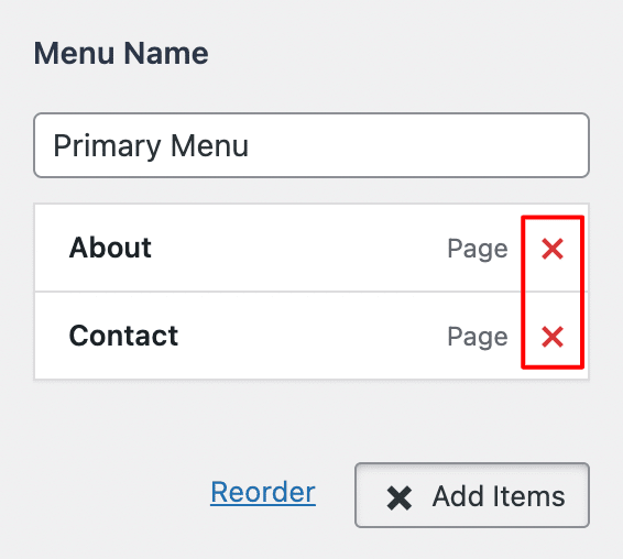 Use the "X" icon to remove a page from a WordPress menu.