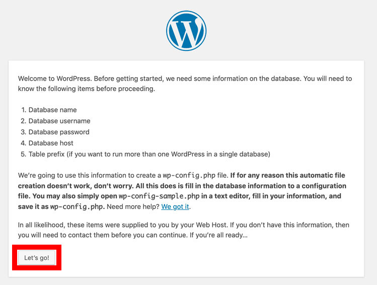 WordPress setup to create a wp-config.php file.