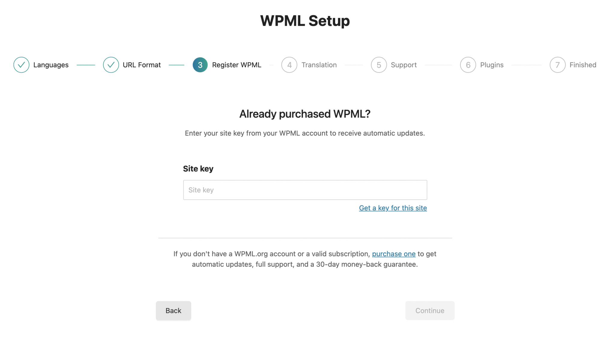 WPML licence key registration.