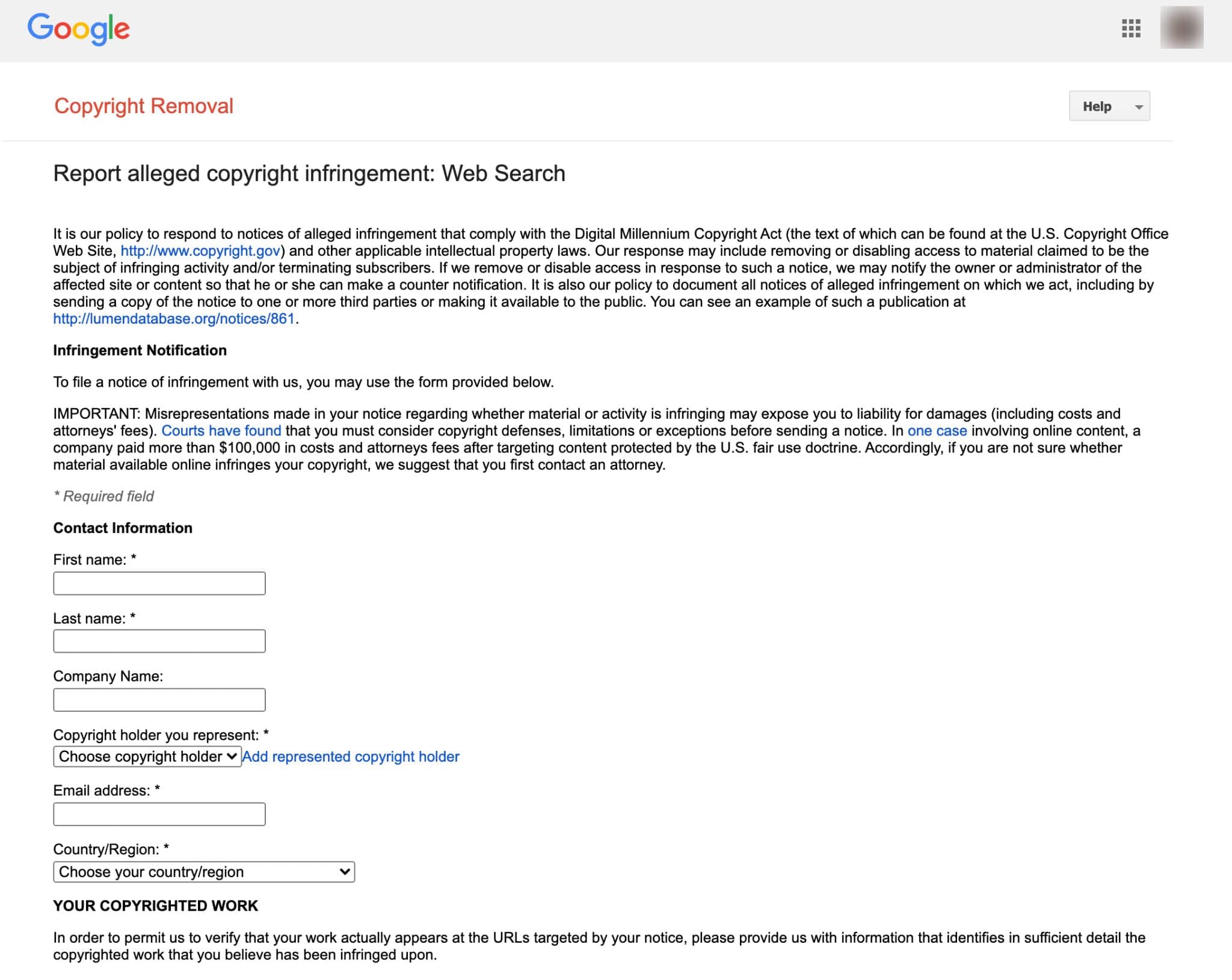 Google's DMCA form for copyright infringement.