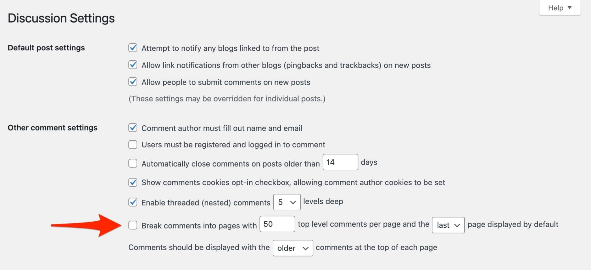 Comment pagination settings on WordPress.