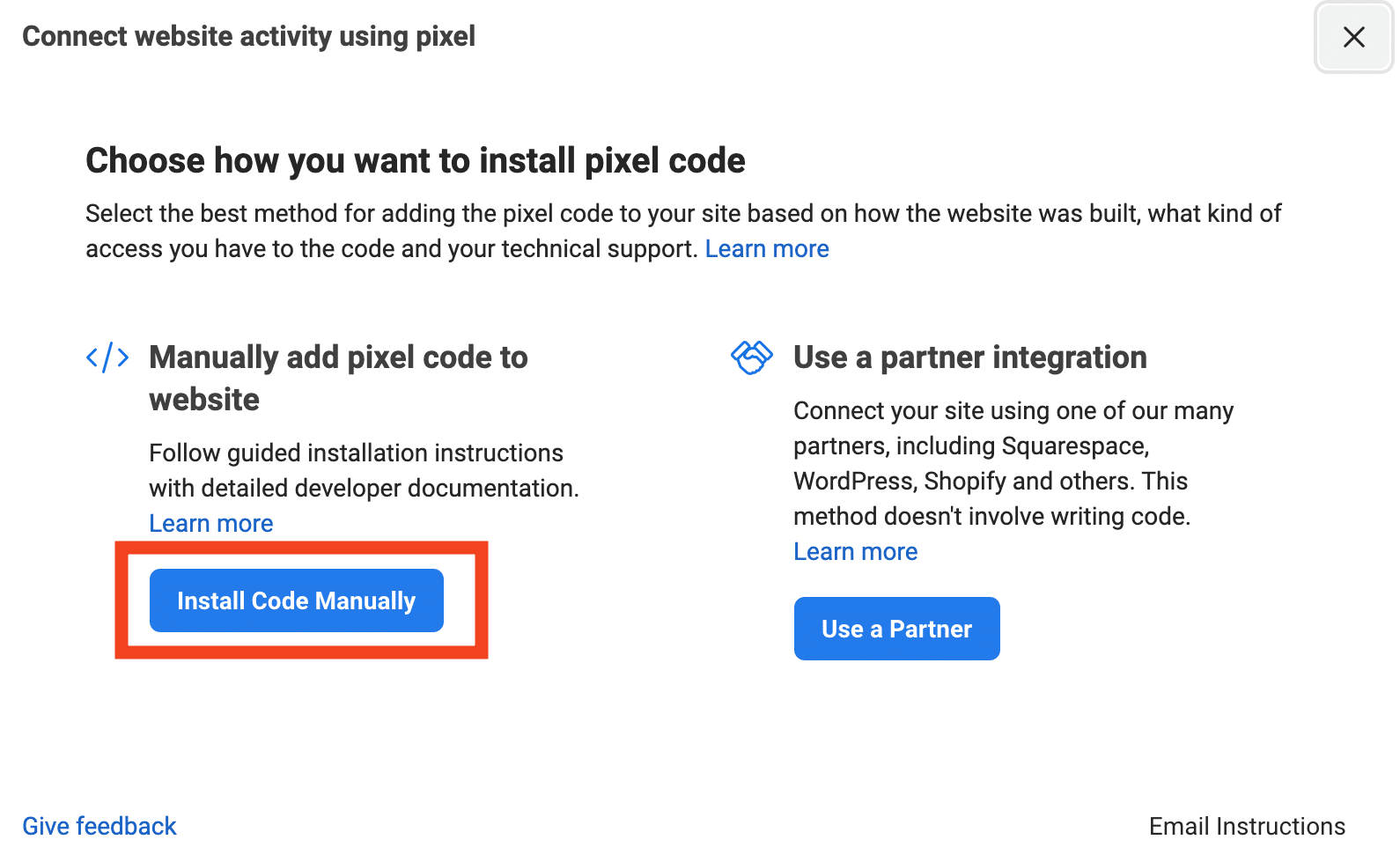 Install Code Manually for the Facebook pixel.