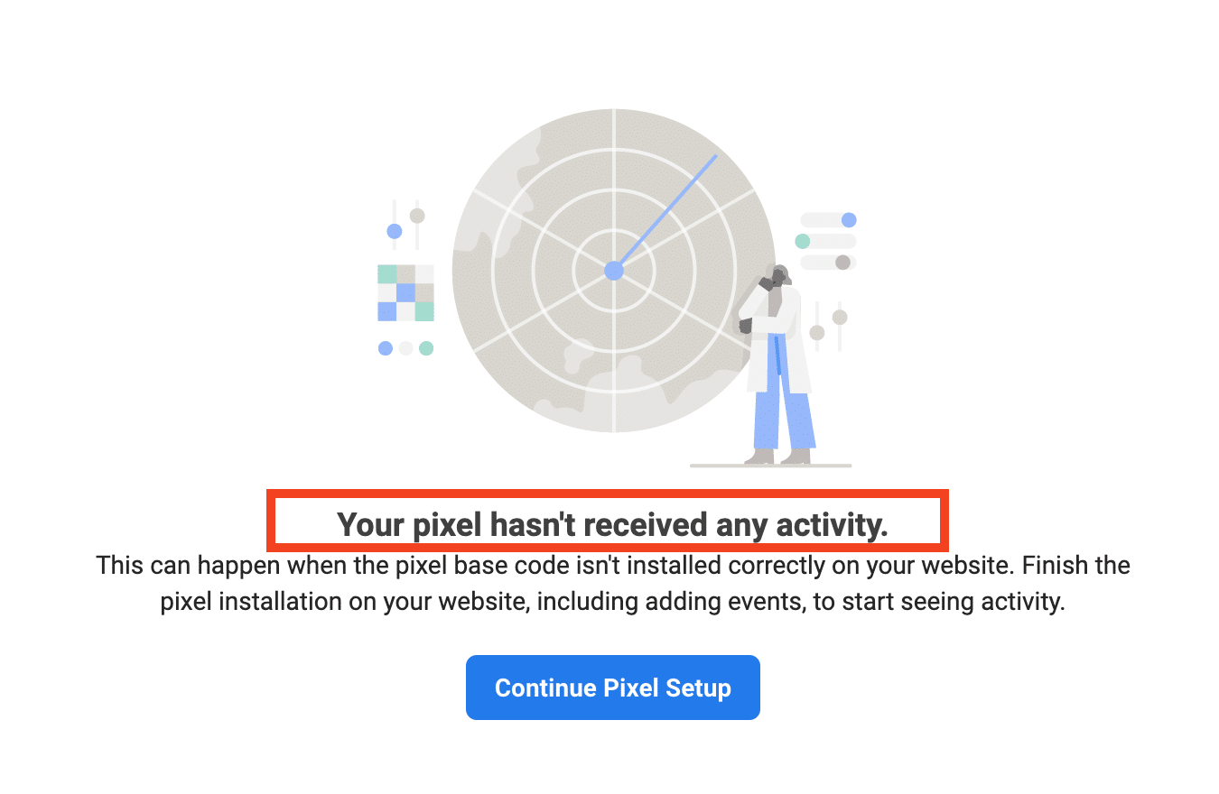 Your pixel hasn't received any activity on the Facebook Events Manager dashboard.