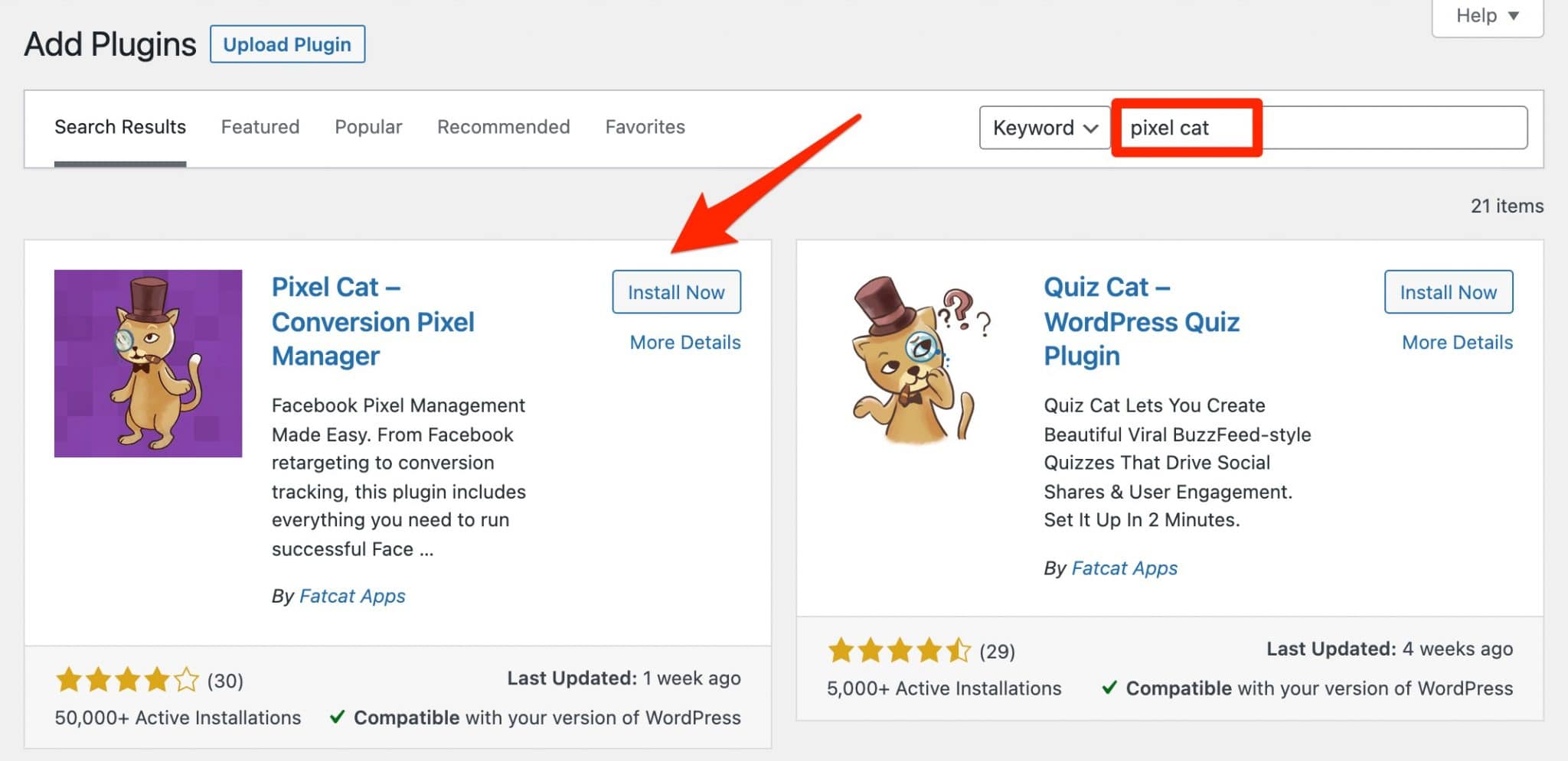 Add and install the Pixel Cat plugin on WordPress.